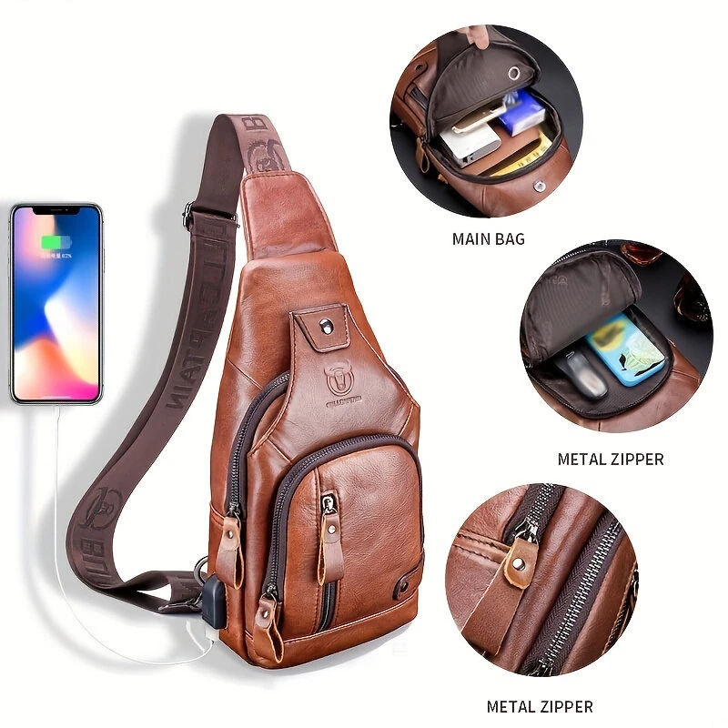 (image for) BULLCAPTAIN Mens Genuine Leather USB Charging Large Capacity Business Casual Chest Bag Shoulder Crossbody Bag